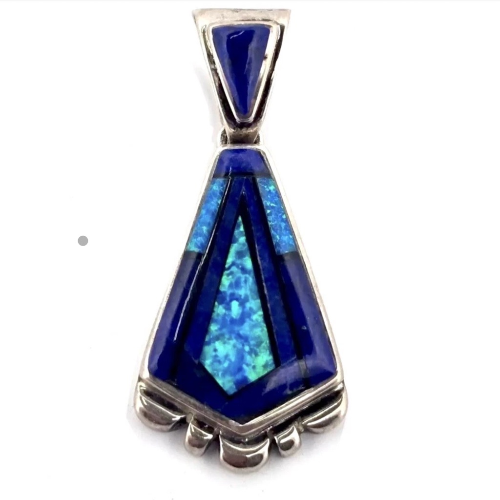 Signed - Calvin Begay Navajo Vintage Lapis Lazuli Gilson Opal Jet Inlay Pendant